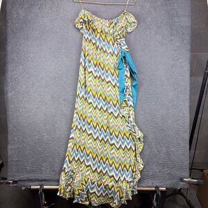 Misope Womens Chevron Zig Zag Ruffle Off Shoulder Maxi Dress Teal Yellow Large